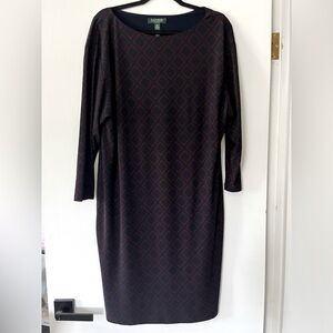 Lauren Ralph‎ Lauren Dress Size 14 Navy Burgundy long sleeve Knee Length Diamond